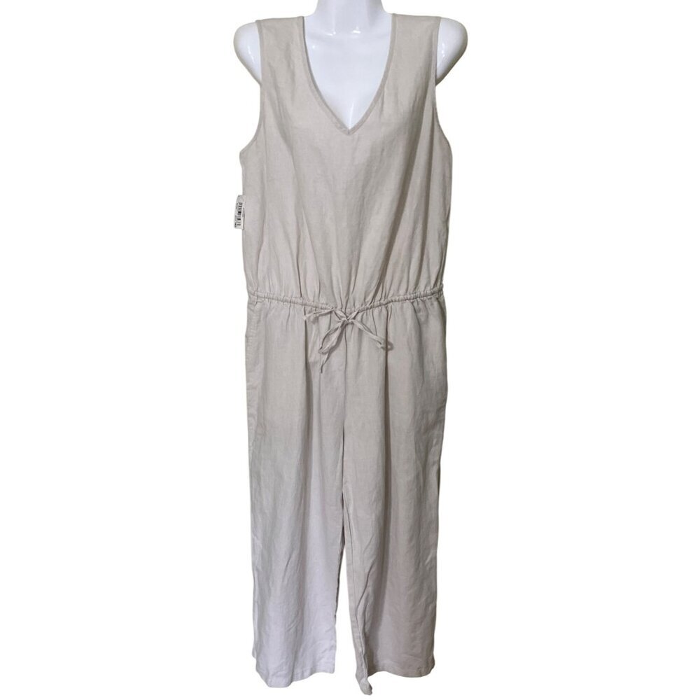 New Linen Blend Jumpsuit Sz 8 Beach Coastal‎ Resort Vacation  V-Neck Drawstring
